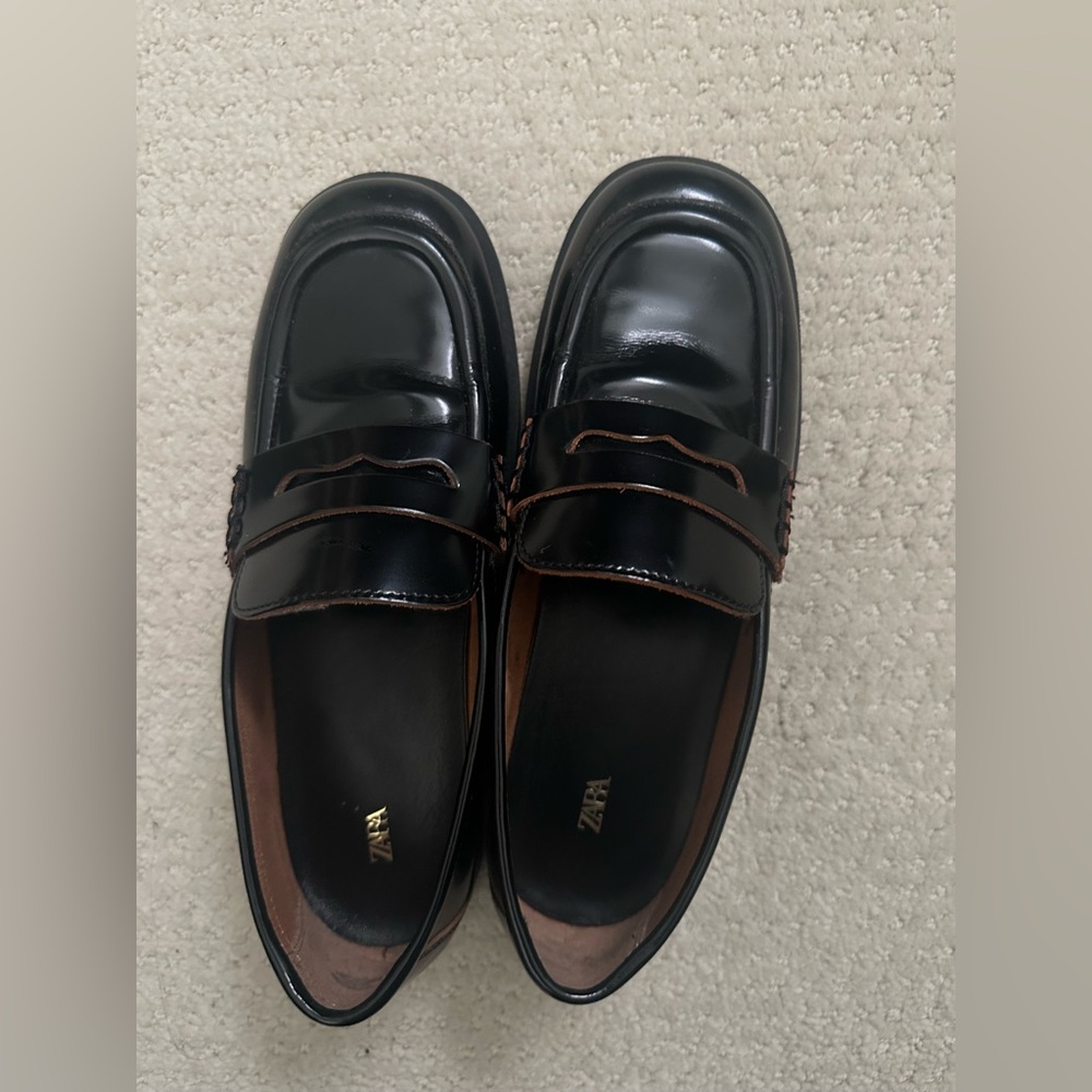 Zara Leather Glossy Black Loafers
